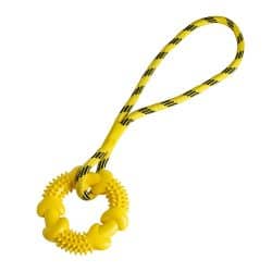Dog Toy Spike Ring, with rope – Rubber colored sorted – 11cm/4.3″ long